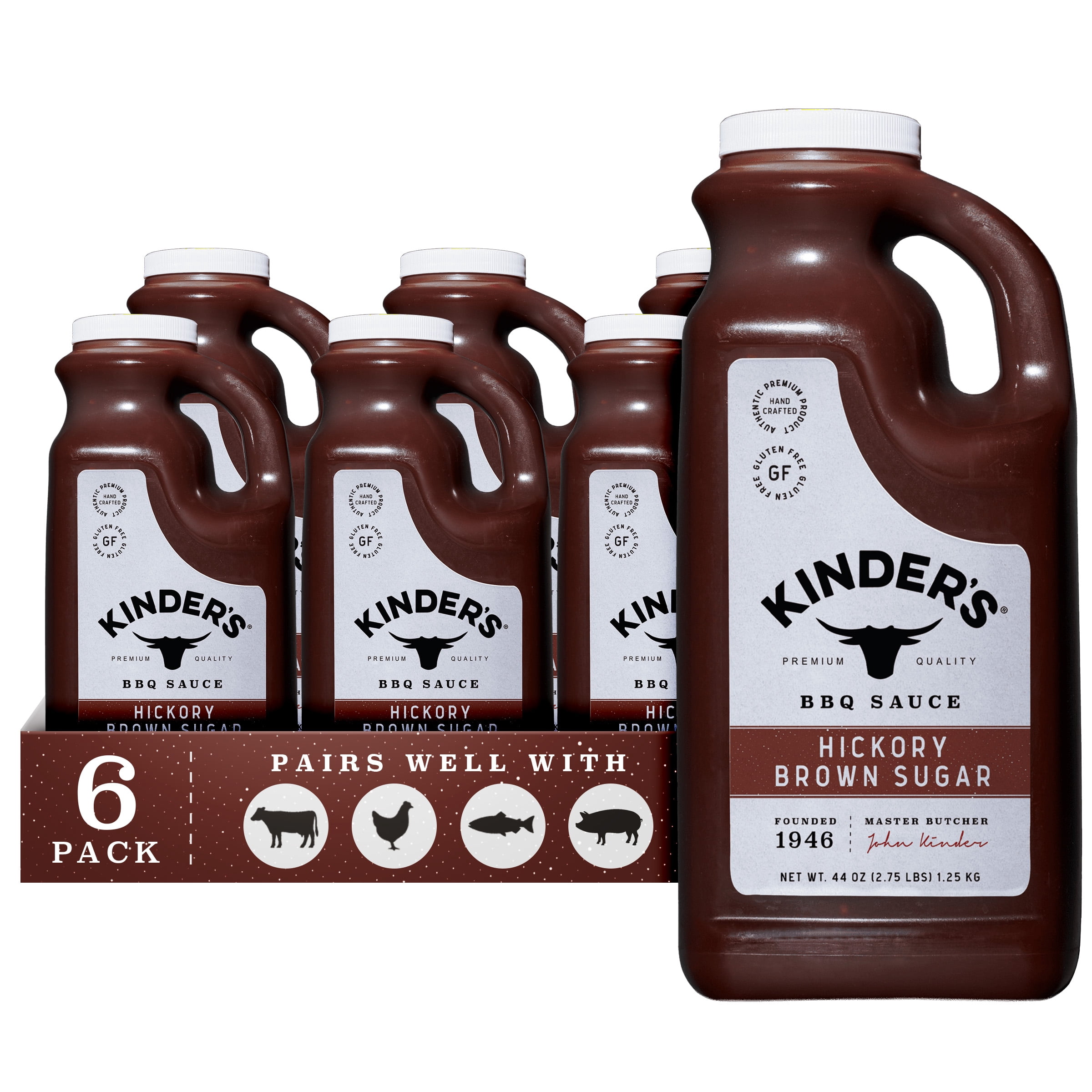 (6 pack) Kinder's Hickory Brown Sugar BBQ Sauce, 44 oz Squeeze Bottle
