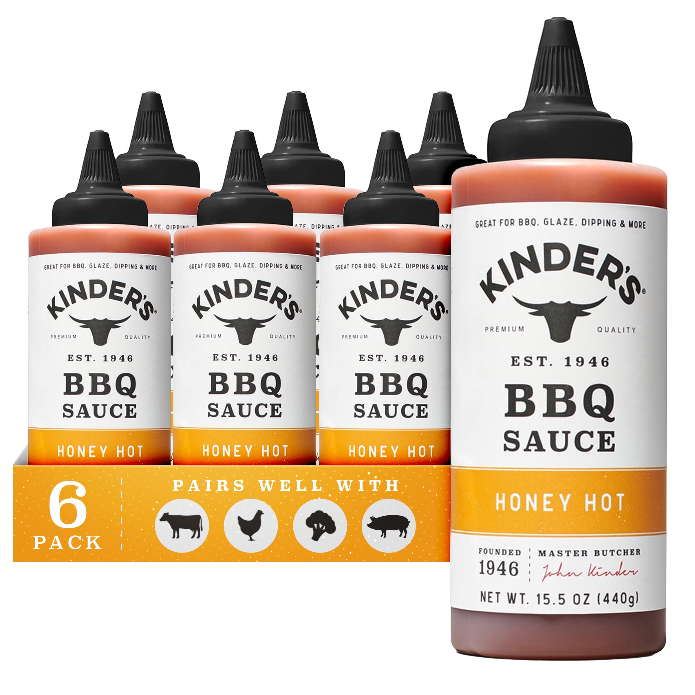 (6 pack) Kinder's Honey Hot BBQ Sauce, 15.5 oz Squeeze Bottle
