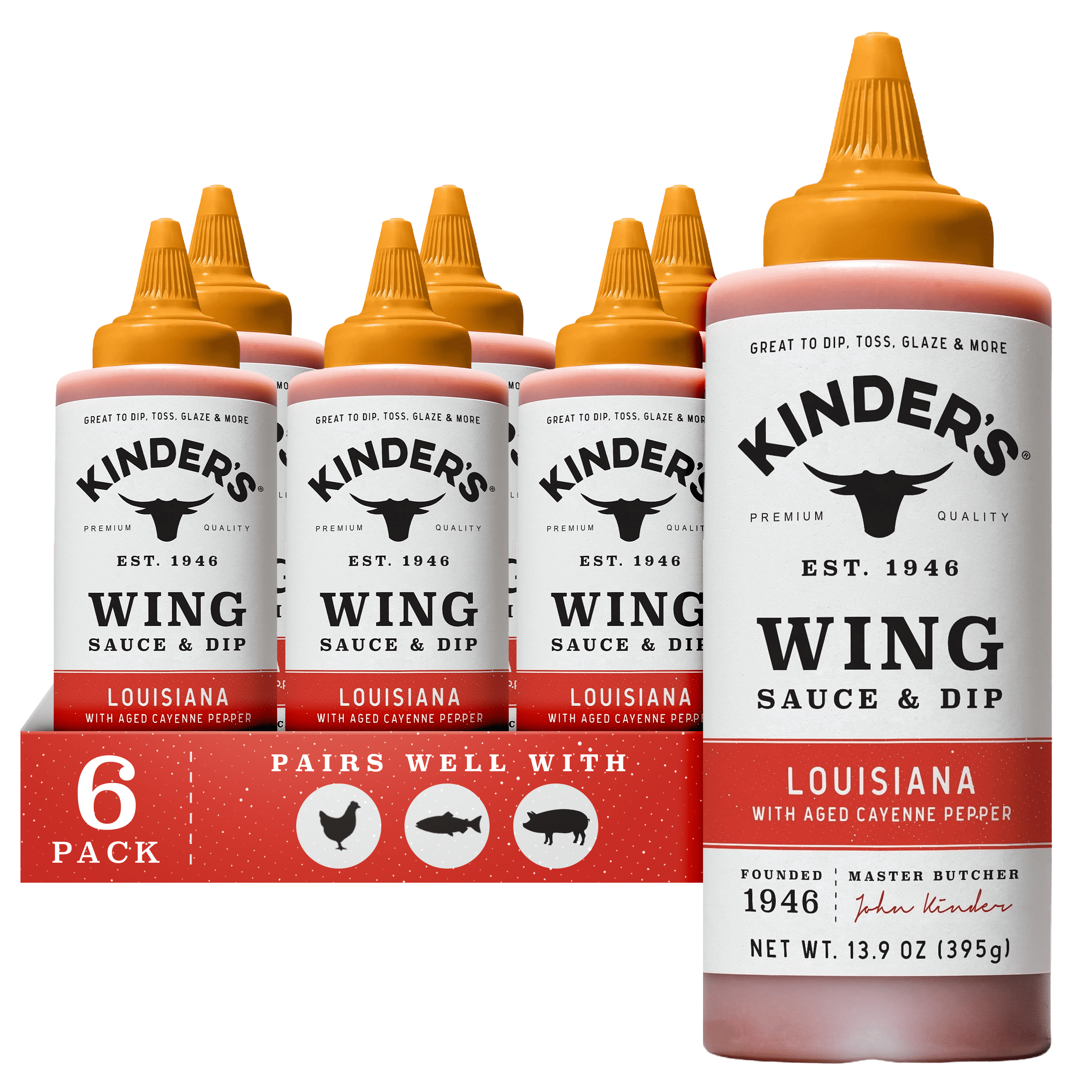 (6 pack) Kinder's Louisiana Heat Wing Sauce and Dipping Sauce, 13.9 oz Bottle