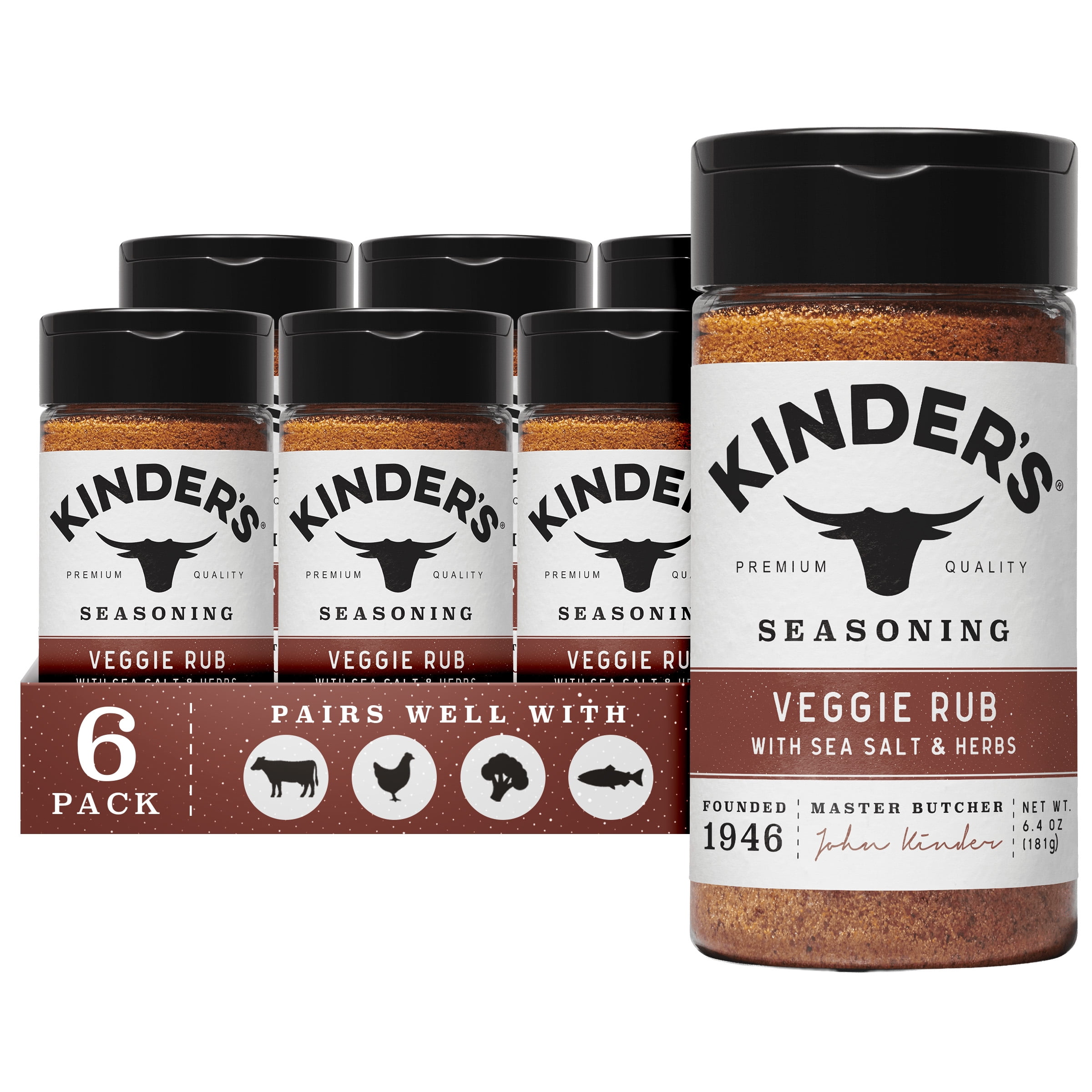 (6 pack) Kinder's Veggie Rub and Seasoning with Sea Salt and Herbs, 6.4 oz