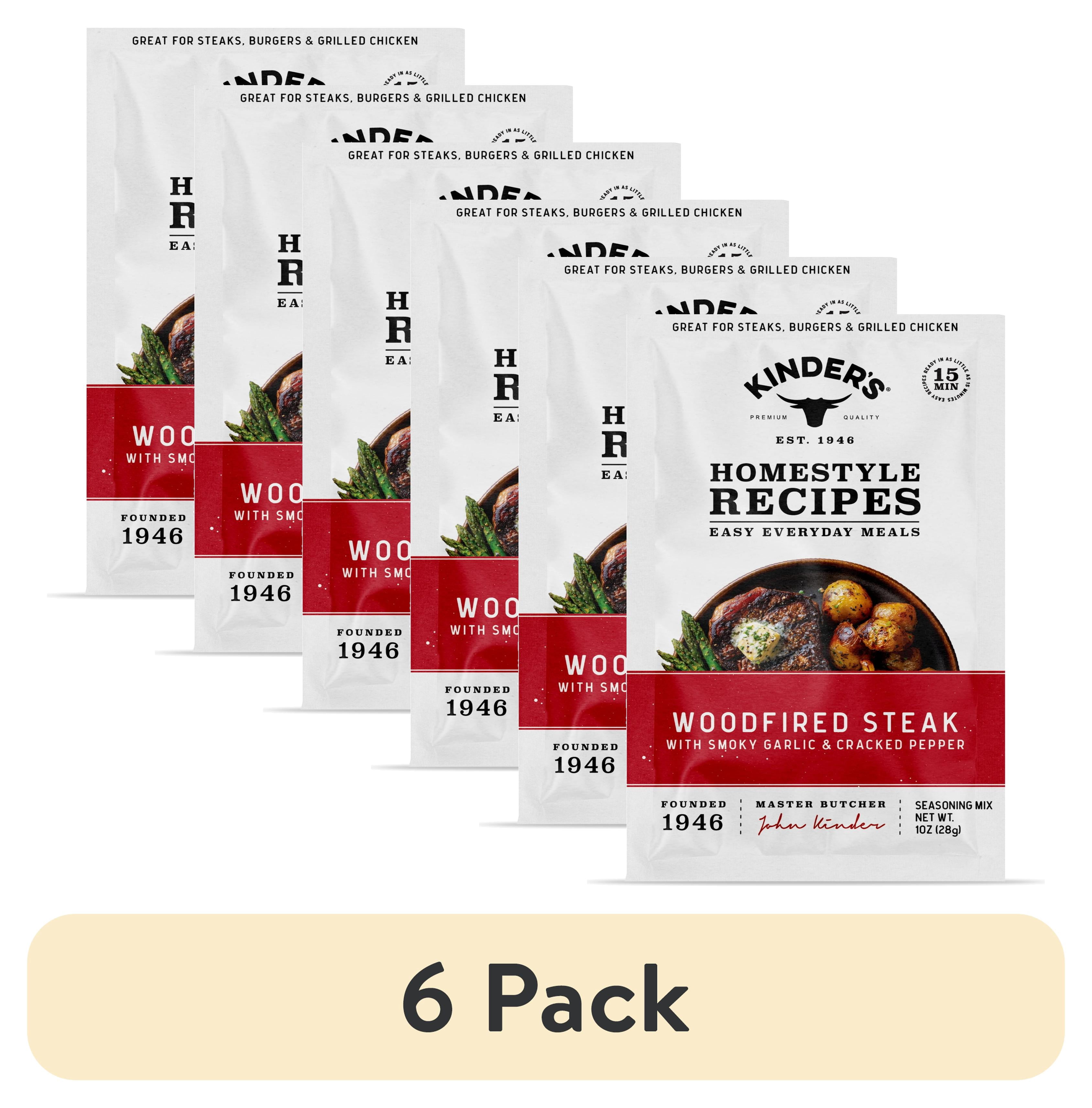 (6 pack) Kinder's Woodfired Steak Seasoning Blend with Smoky Garlic and Cracked Pepper, 1 oz Packet