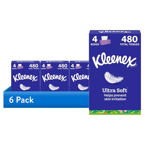 (6 pack) Kleenex Ultra Soft 3-Ply Flat Box Facial Tissues, 4 Pack (480 Total Tissues)