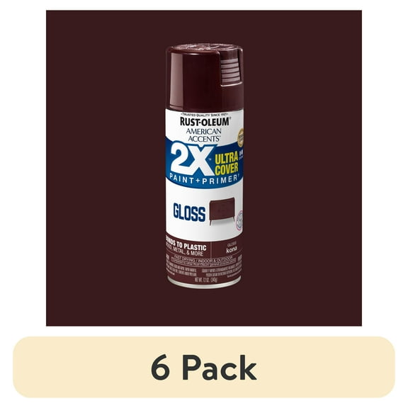 (6 pack) Kona, Rust-Oleum American Accents 2X Ultra Cover Gloss Spray Paint-327872, 12 oz