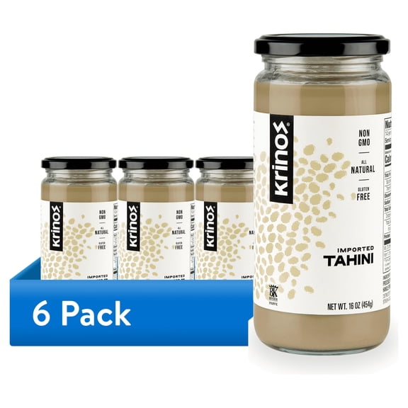(6 pack) Krinos Imported Tahini, Velvety Texture, 16 oz Jar, Ground Sesame Seeds