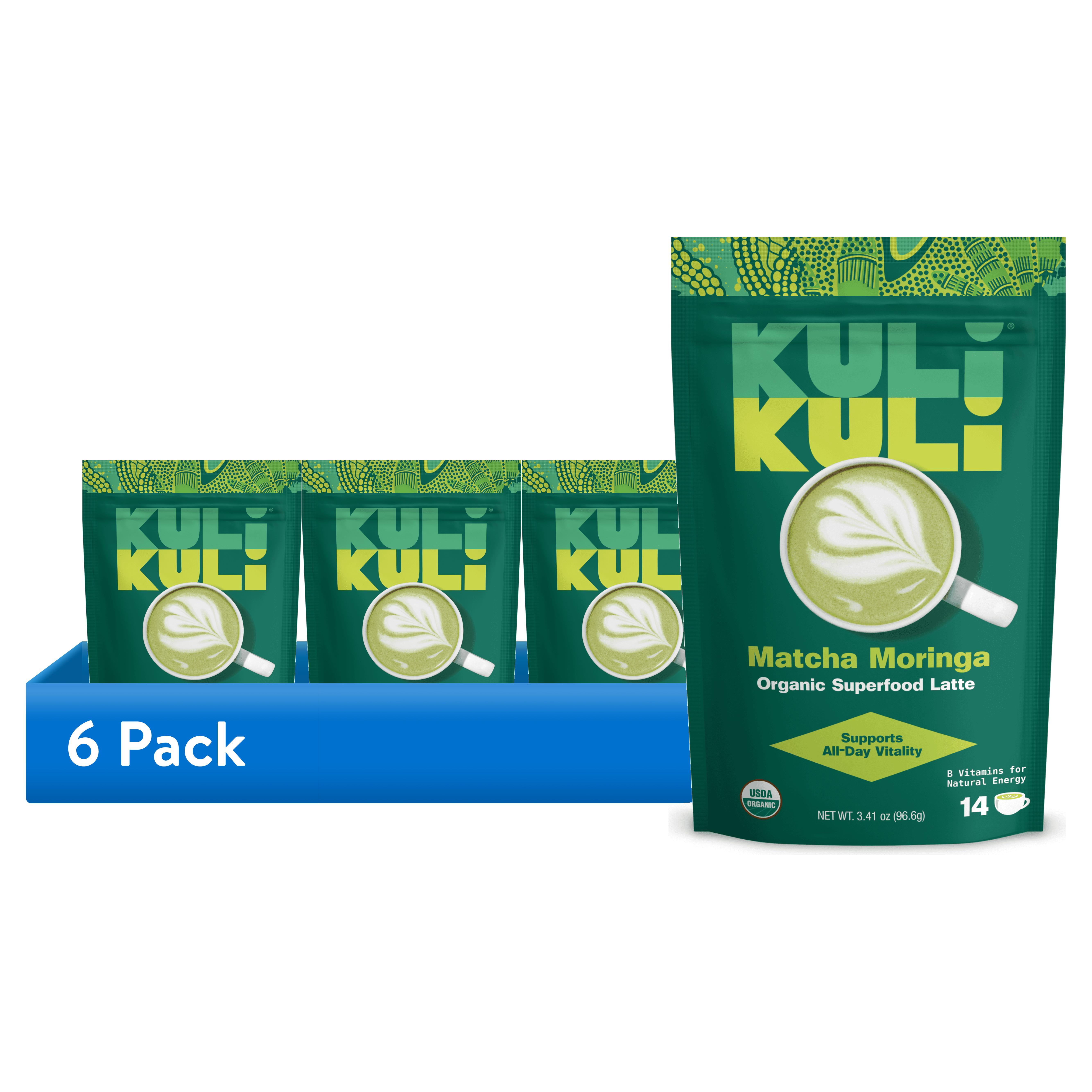 (6 pack) Kuli Kuli Organic Matcha Moringa Superfood Latte with Lion's Mane, Low-Caffeine Coffee Alternative, 3.41 oz