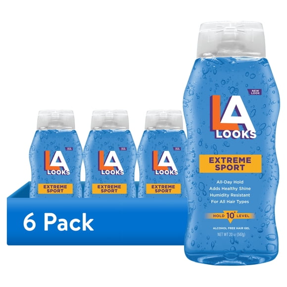 (6 pack) L.A. LOOKS Extreme Sport Tri-Active Hold Gel, for All Hair Types, Men, 20 oz