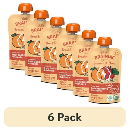 (6 pack) Little Brainiac Organic Fruit & Oat Toddler Food with BrainPack, Peach Apple Oat, 3.5oz