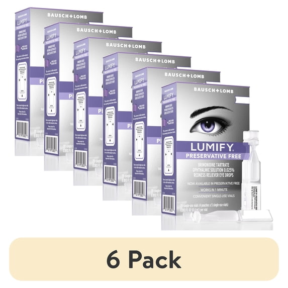 (6 pack) LUMIFY Preservative Free Redness Reliever Eye Drops, For Whiter and Brighter Looking Eyes, 20 Single Use Vials