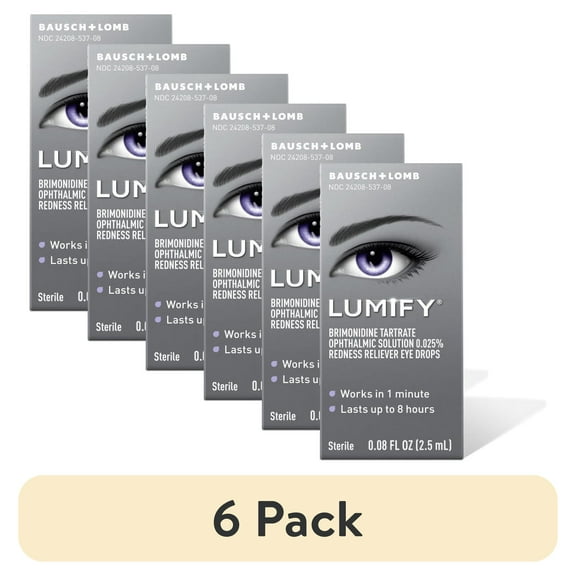 (6 pack) LUMIFY Redness Reliever Eye Drops, Brimonidine Tartrate 0.025%, Works in 1 Minute, Lasts up to 8 Hours, Sterile, 0.08 FL OZ