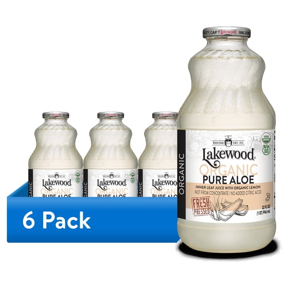 (6 pack) Lakewood Organic Pure Aloe Inner Leaf Juice with Organic Lemon, Not from Concentrate, Fresh Pressed 32 fl oz