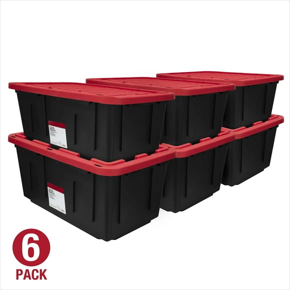 (6 pack) Large Storage Bin, 27 Gallon Plastic Storage Container with Snap-On Lid, Black and Red