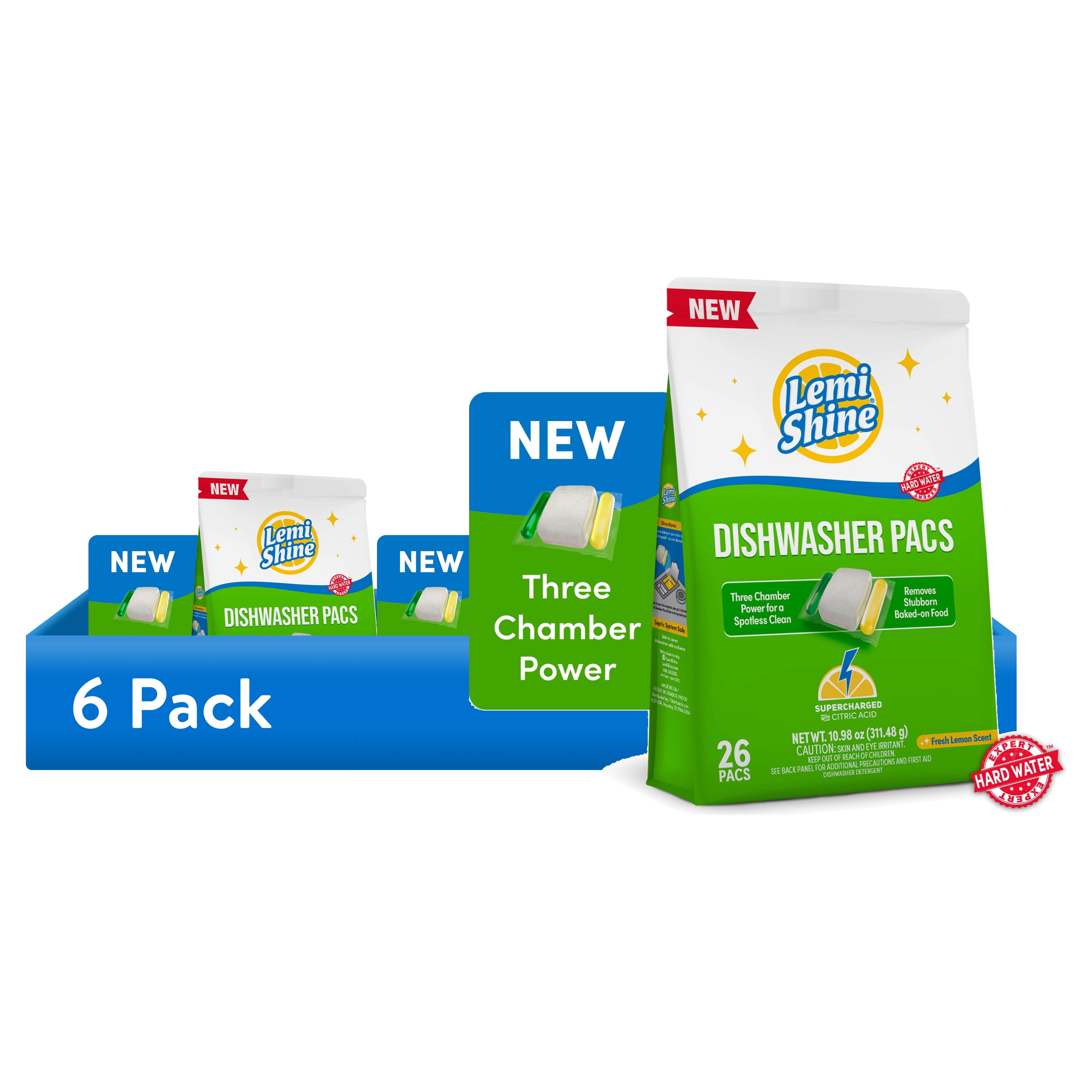 (6 pack) Lemi Shine Auto Dish Detergent Pods, Fresh Lemon Scent, 26 Count