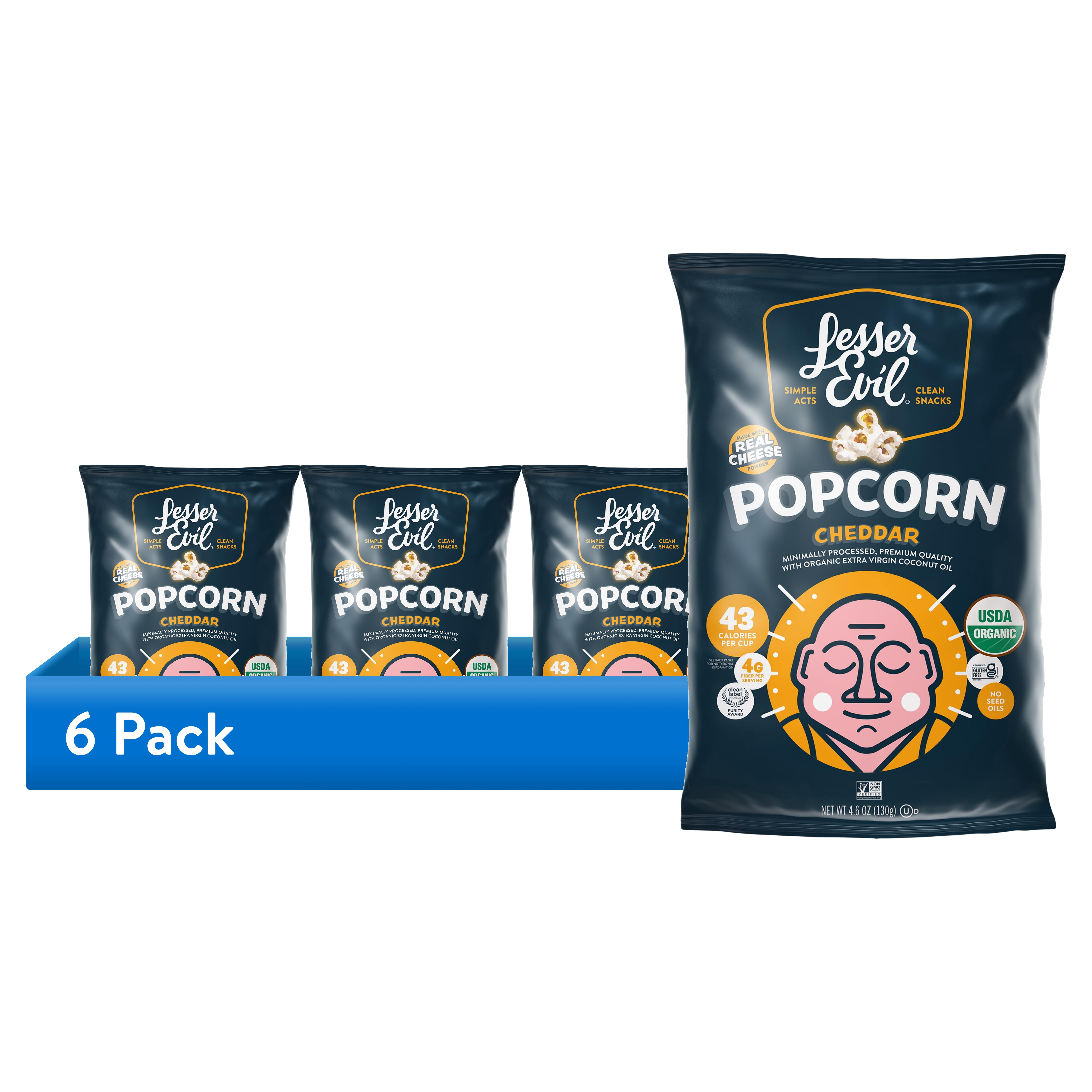 (6 pack) LesserEvil, Organic Popcorn, Non-GMO, Real Organic Cheddar - 4.6oz