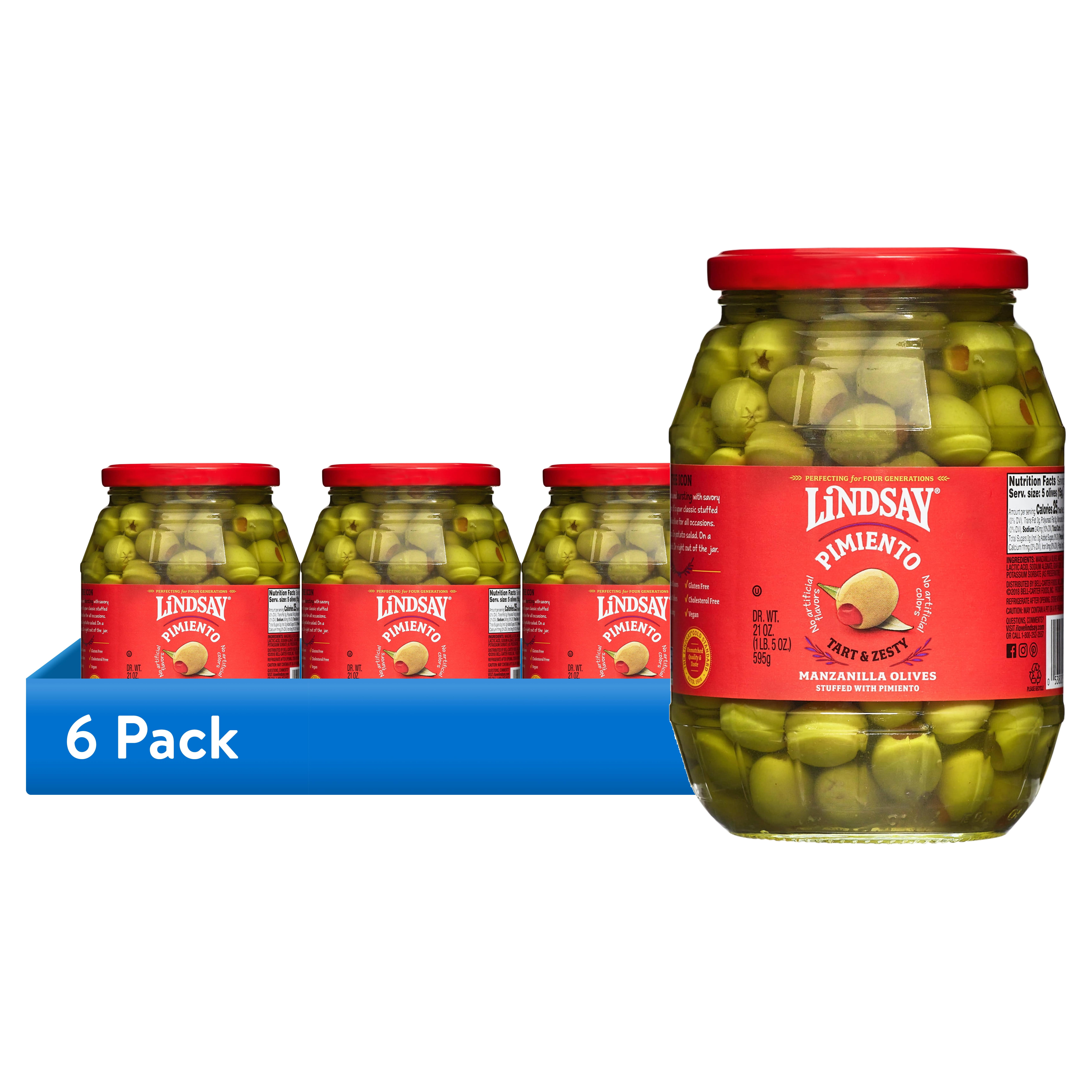 (6 pack) Lindsay Spanish Pimiento Stuffed Manzanilla Olives, 21 oz Jar
