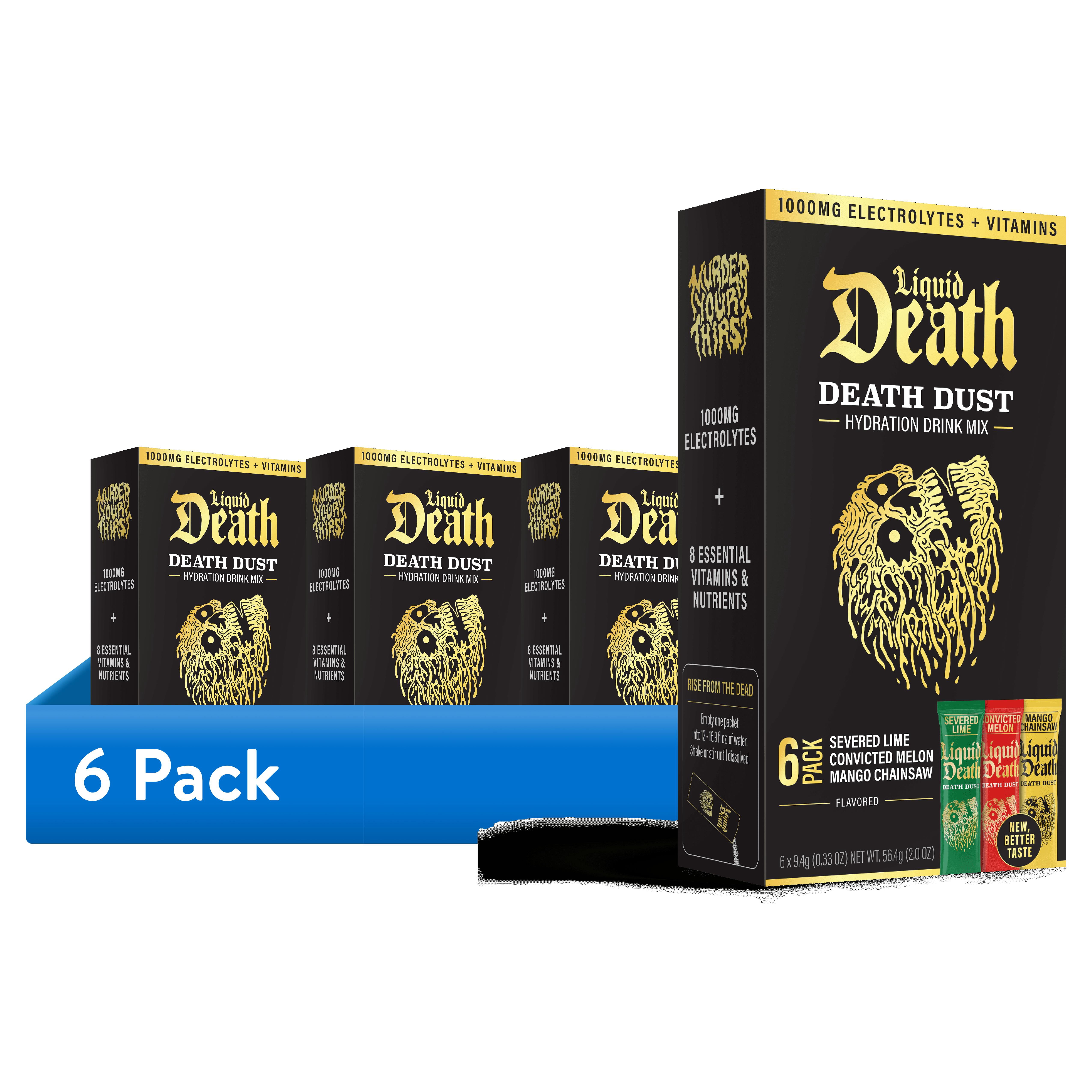 (6 pack) Liquid Death Dust Hydration Powdered Drink Mix, Variety 6 Pack, Severed Lime, Convicted Melon, Mango Chainsaw, 1000mg Electrolytes