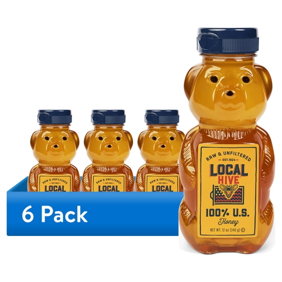 (6 pack) Local Hive 100% US Honey Bear Bottle, Raw & Unfiltered, Squeeze Bottle, 12 oz