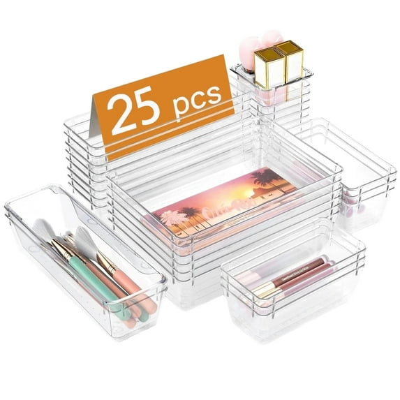 (6 pack) Lockways Drawer Organizer, 25Pcs Clear Plastic Makeup Drawer, 4 Sizes Vanity Organizer and Storage Bins for Makeup, Jewelry, Gadgets for Bathroom, Bedroom, Office