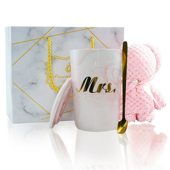 (6 pack) Lockways Coffee Mug Set for Mom and Sister Birthday Gifts, Pink Ceramic Tea Cup with Bear Towel for Mothers in Law 14 oz