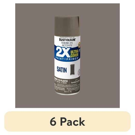 (6 pack) London Gray, Rust-Oleum American Accents 2X Ultra Cover Satin Spray Paint-354728, 12 oz