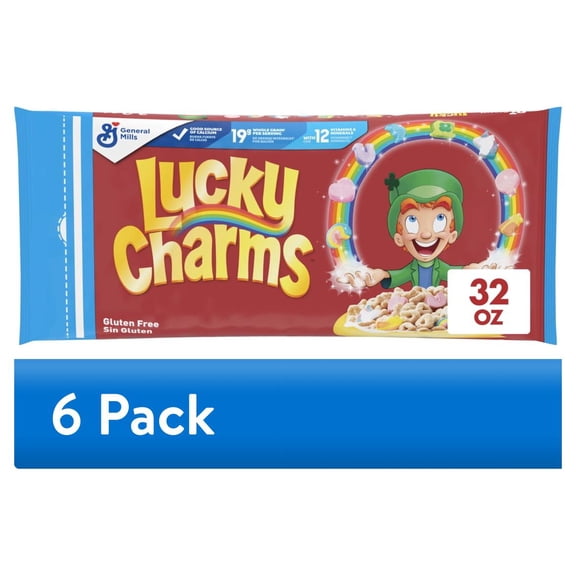 (6 pack) Lucky Charms Gluten Free Cereal with Marshmallows, Kids Breakfast Cereal Bag, 32 oz