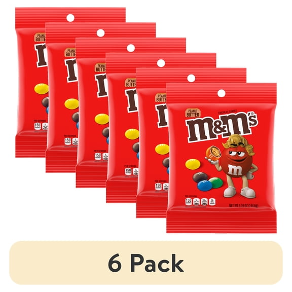 (6 pack) M&M's Peanut Butter Milk Chocolate Candy, 5.1 oz, Plastic Bag