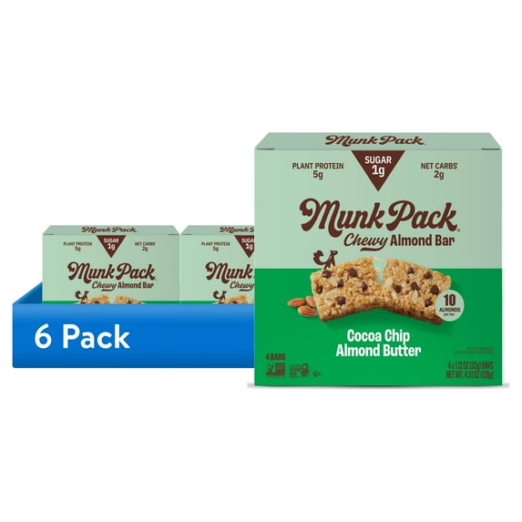 (6 pack) MUNK PACK 1g Sugar Chewy Granola Bars, Cocoa Chip Almond Butter - Low Carb Keto Bars, Low Sugar Snacks, Gluten Free - Box, 4 Count, 1.12oz