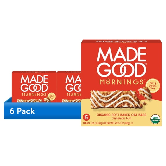 (6 pack) MadeGood Cinnamon Bun Morning Bars, 5 Healthy Breakfast Bars, 1.06 Oz