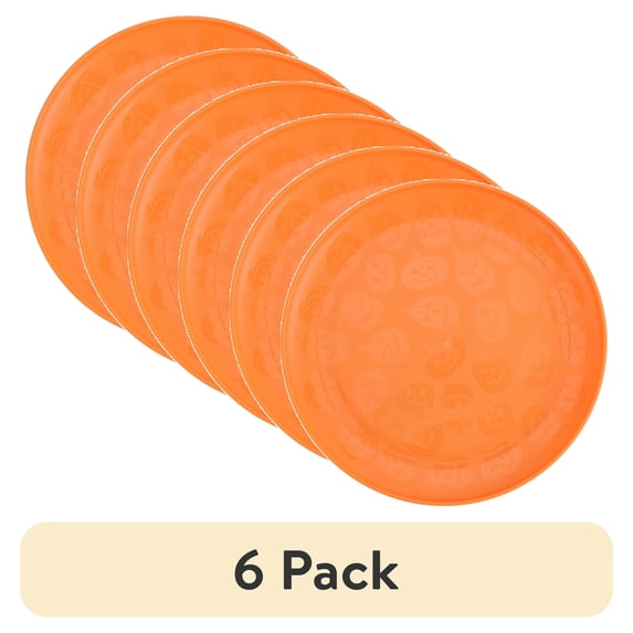 (6 pack) Mainstays 10.5 inch Round Plastic Etched Halloween Pumpkin Plate, Orange