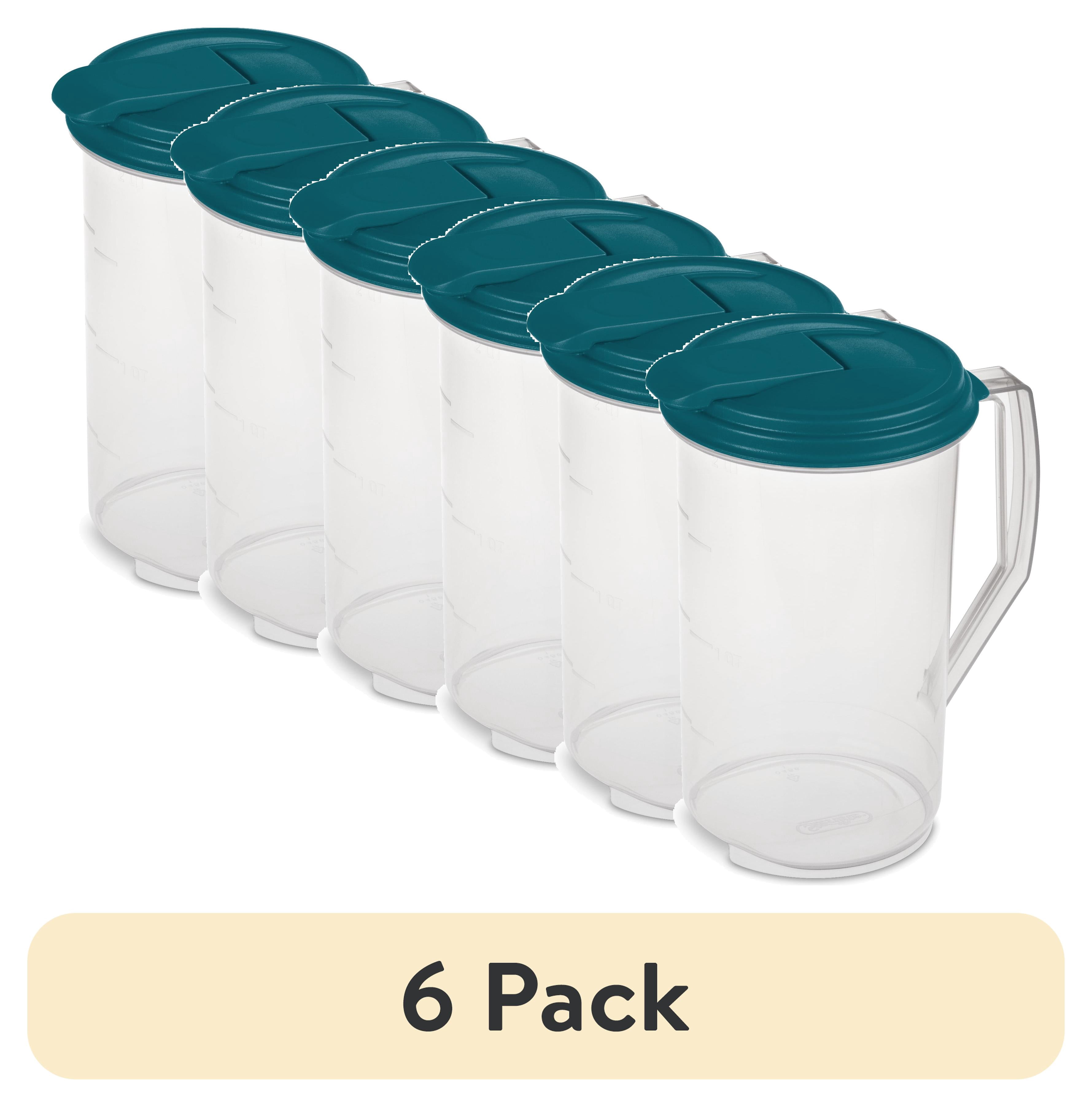(6 pack) Mainstays 2 Quart Round Pitcher, Clear Plastic with Flip-top Spout, Handle and Measure Marks, BPA-Free, Teal Lid