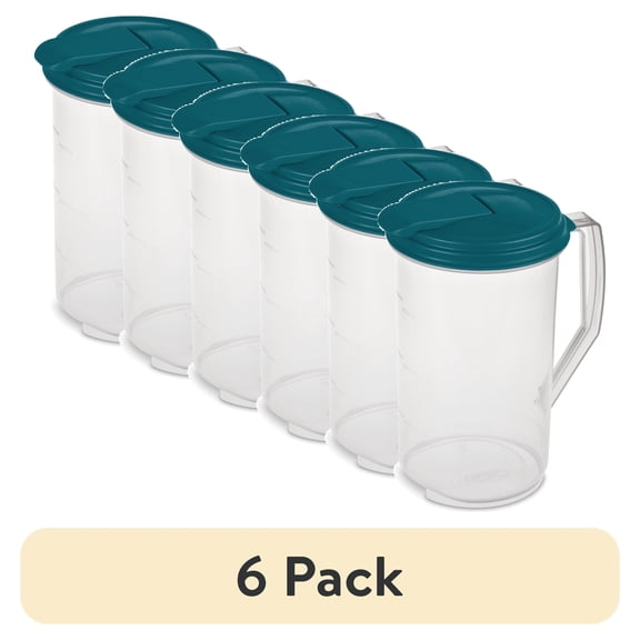 (6 pack) (6 pack) Mainstays 2 Quart Round Pitcher, Clear Plastic with Flip-top Spout, Handle and Measure Marks, BPA-Free, Teal Lid