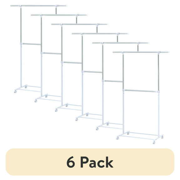 (6 pack) Mainstays 2-Shelf Garment Drying Clothes Rack - Adjustable Height, Locking Wheels, Metal, Silver/White - Closet Organization