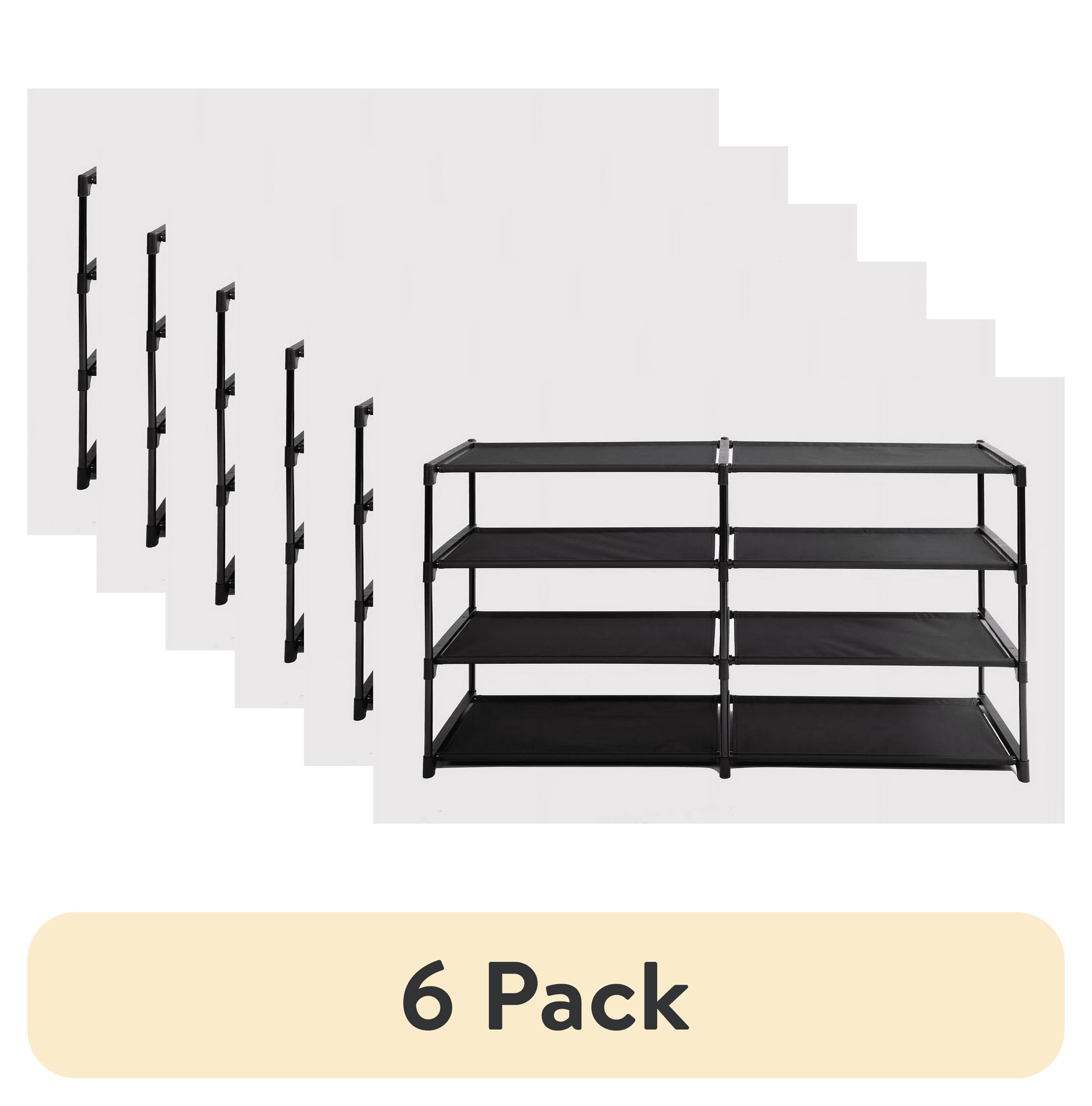 (6 pack) Mainstays 4-Tier Shoe Rack Storage Organizer, Rich Black, 24 Pairs, Fabric Shelves, Iron Poles & Plastic Connectors