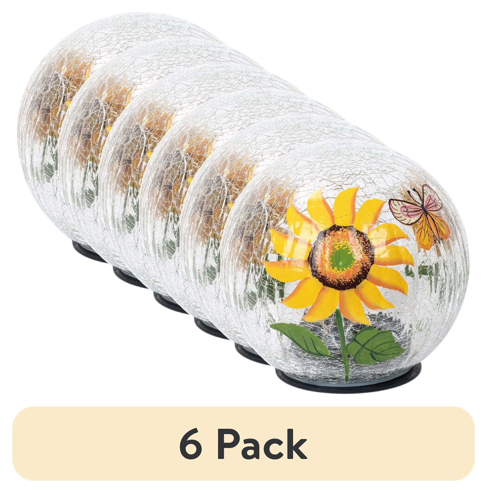 (6 pack) Mainstays 6 inch Solar Sunflower Crackle Glass Ball Decor, 6" Length x 6" Width x 6" Height