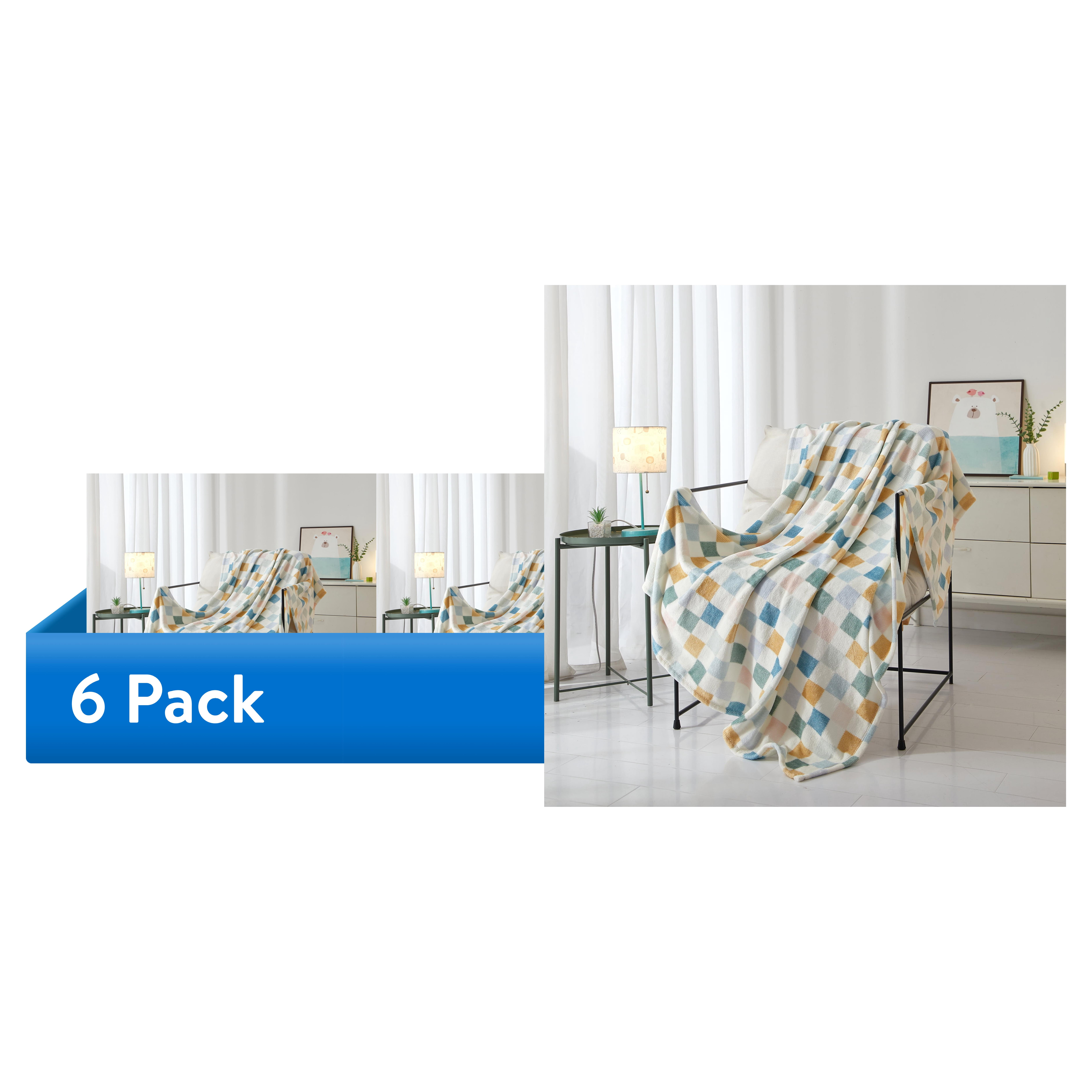 (6 pack) Mainstays Cozy Plush Throw Blanket, Multicolor Checkered, 50 x 60 in