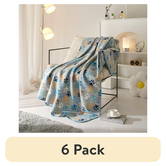 (6 pack) Mainstays Cozy Fleece Throw Blanket, Gray Paw 50" x 60", All Ages