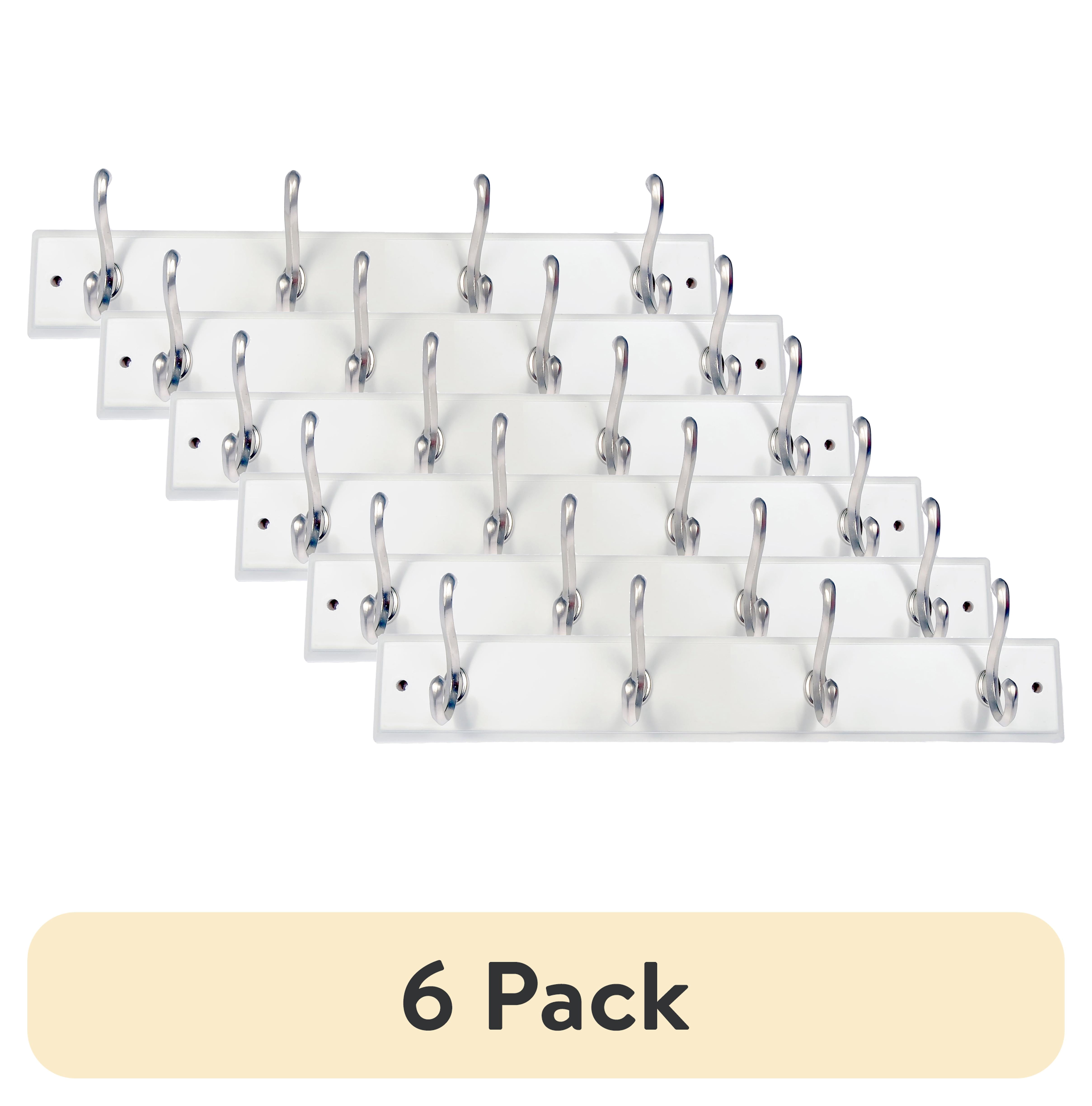 (6 pack) Mainstays White 18 inch Hook Board with 4 Satin Nickel Hooks for Coats, Bags, Leashes, Keys, Towels, 30 lbs Capacity, 1 Pack