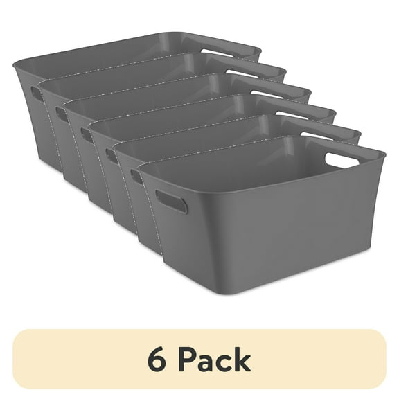 (6 pack) Mainstays Large Gray Plastic Storage Bin, 15.5 in x 11.4 in x 7 in