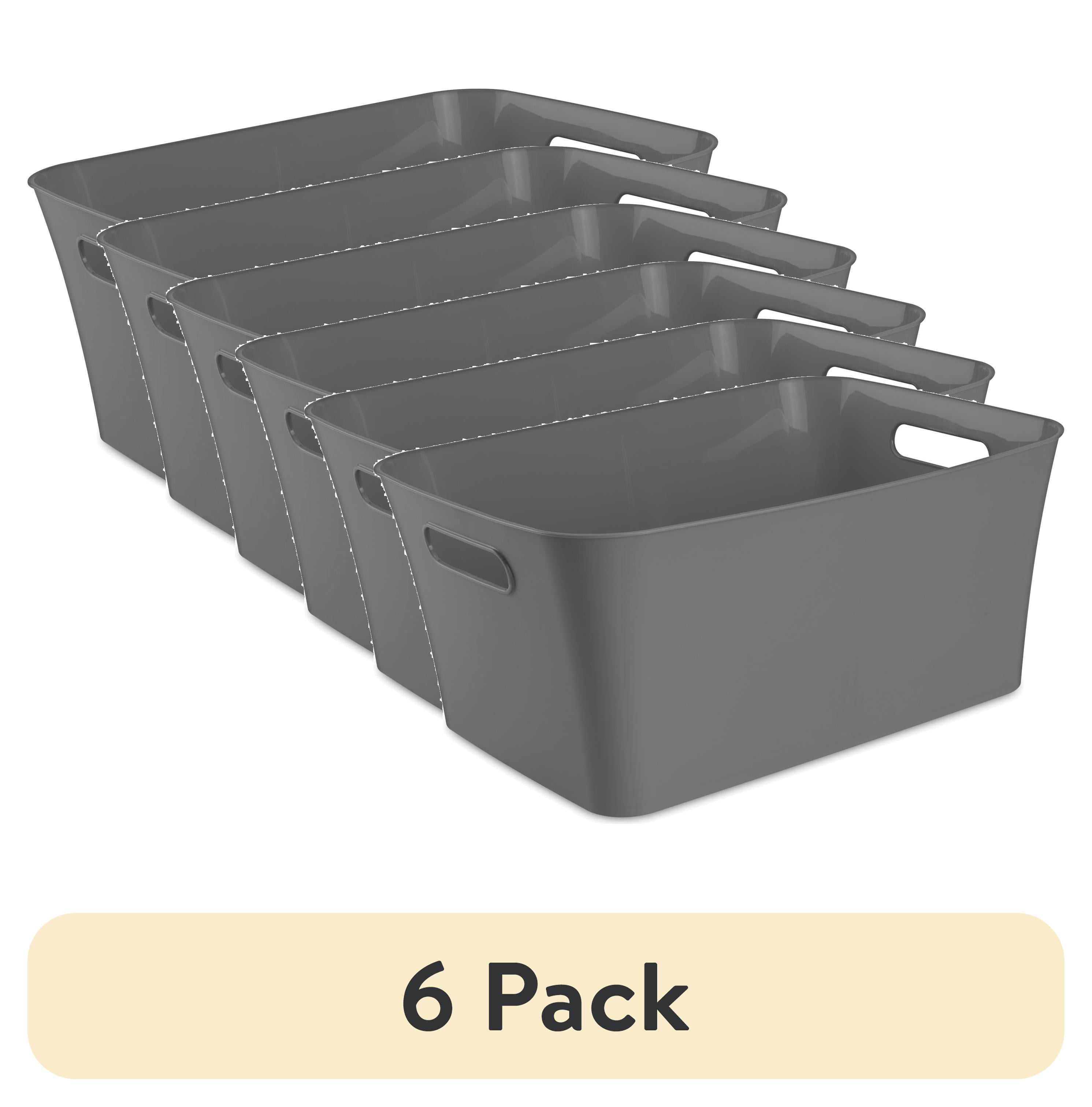 (6 pack) Mainstays Large Bin, Open Plastic Storage Containers, Versatile Stylish Organizers with Handles, Gray Flannel