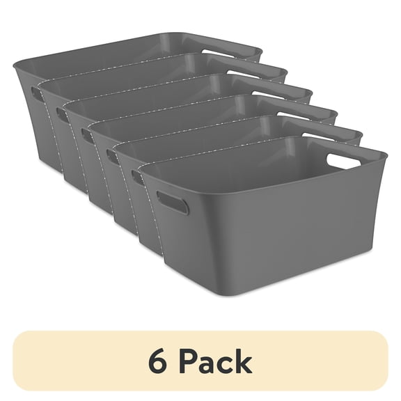 (6 pack) Mainstays Large Bin, Open Plastic Storage Containers, Versatile Stylish Organizers with Handles, Gray Flannel