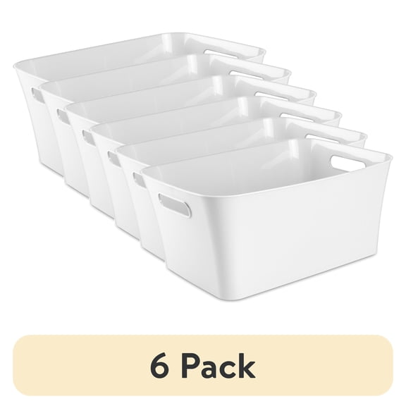 (6 pack) Mainstays Large Bin, Open Plastic Storage Containers, Versatile Stylish Organizers with Handles, White