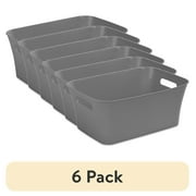 6 pack Mainstays Medium Bin, Open Plastic Storage Containers, Versatile Stylish Organizers with Handles, Gray Flannel