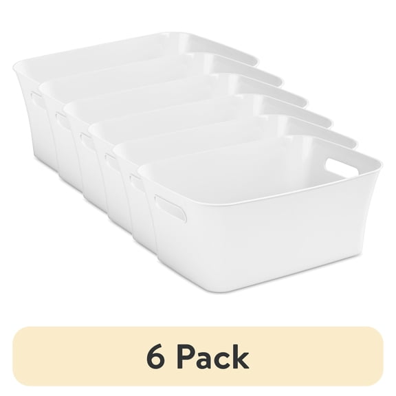 (6 pack) Mainstays Medium Bin, Open Plastic Storage Containers, Versatile Stylish Organizers with Handles, White