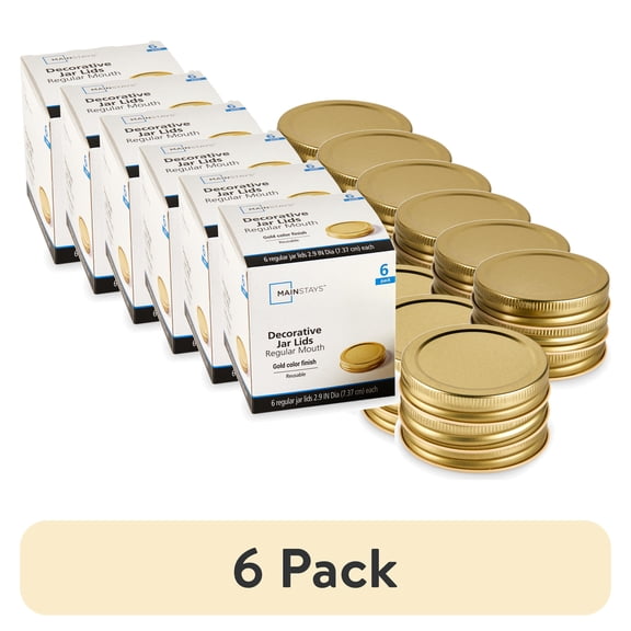 (6 pack) Mainstays 6-Pack Metal Mason Jar Lids - Regular Mouth, One-Piece Reusable Canning Jar Lids with Screw-Top for Pantry Storage and Crafts, Fits All Brands Regular Mouth Mason Jars