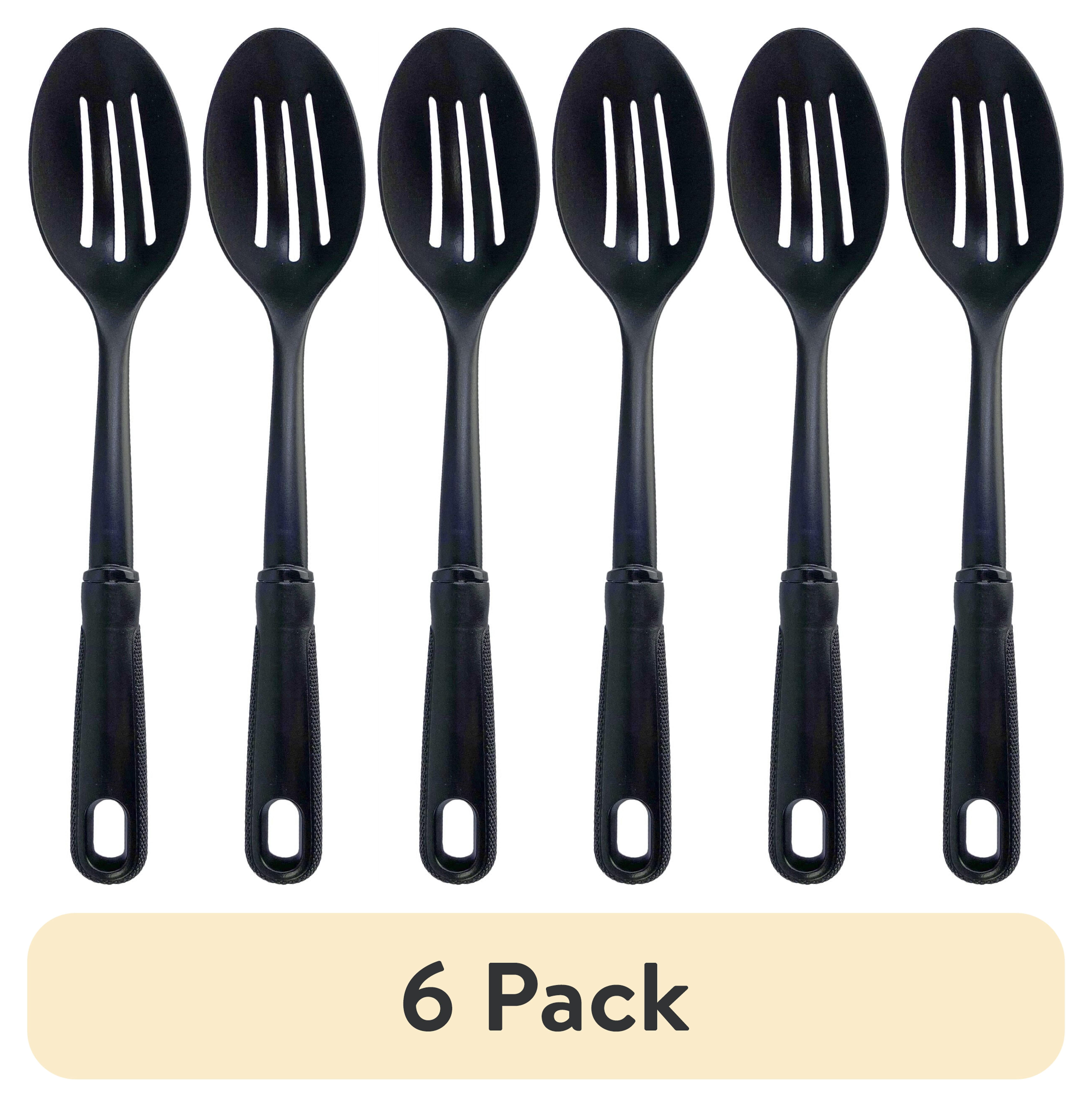 (6 pack) Mainstays Slotted Plastic Straining Spoon, Soft-Grip Black Handle, Nylon Head