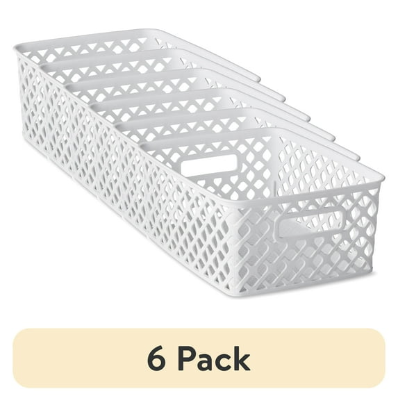 (6 pack) Mainstays Small White Decorative Plastic Storage Basket, 10 in x 8 in x 4 in