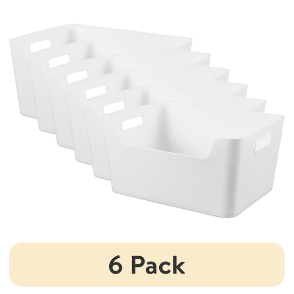 (6 pack) Mainstays X-Large Easy Access Bin, Versatile Open Plastic Storage Containers, Scoop Front, White