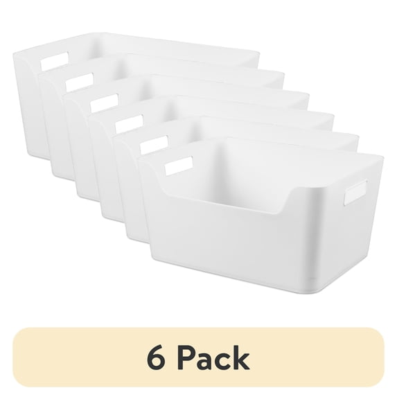 (6 pack) Mainstays X-Large Easy Access Bin, Versatile Open Plastic Storage Containers, Scoop Front, White