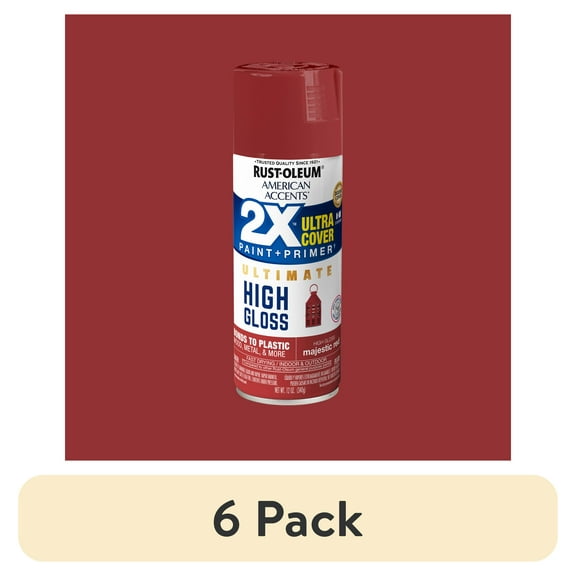 (6 pack) Majestic Red, Rust-Oleum American Accents 2X Ultra High Gloss Spray Paint-371767, 12 oz