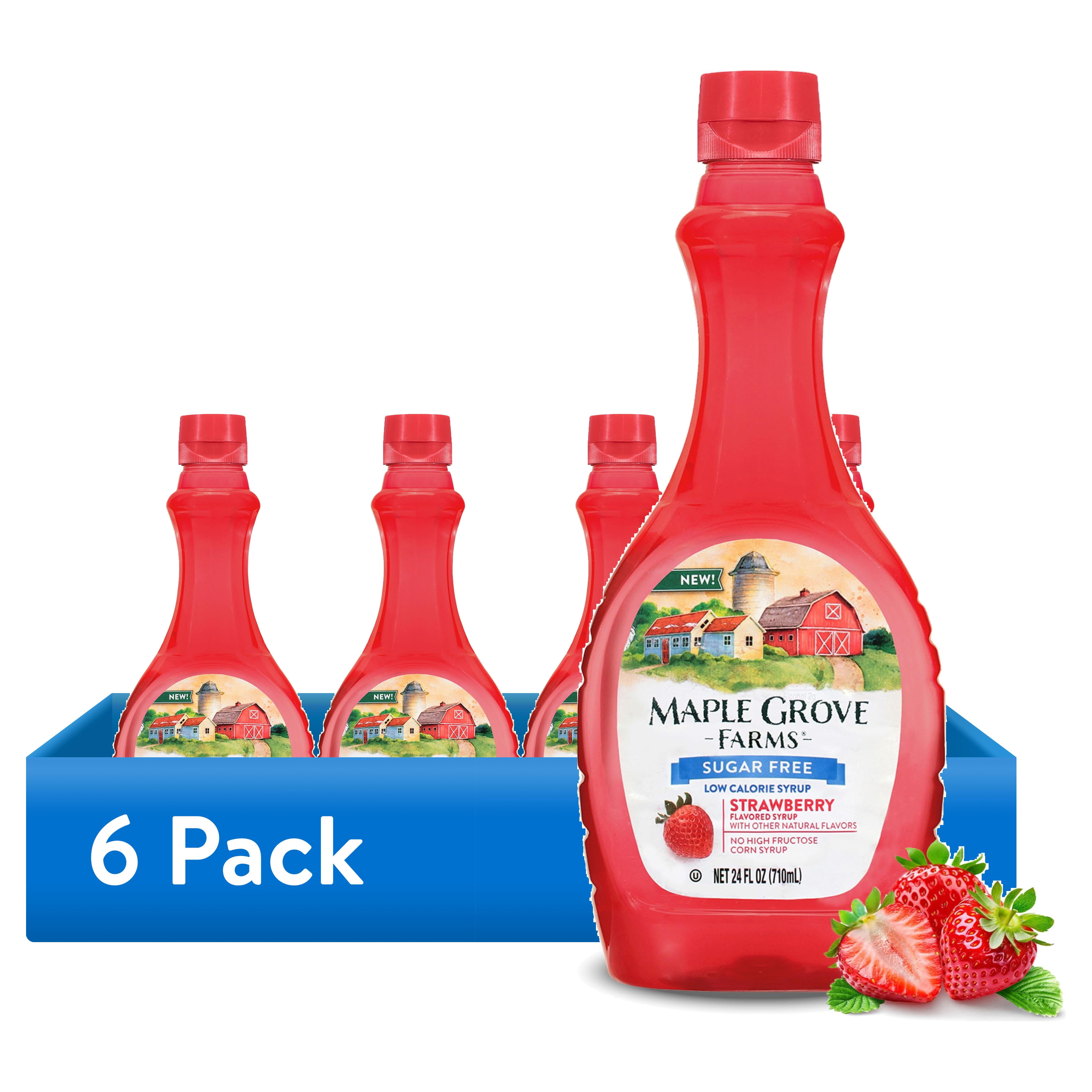 (6 pack) Maple Grove Farms Sugar Free Strawberry Syrup, Low Calorie Syrup, 24 fl oz Bottle