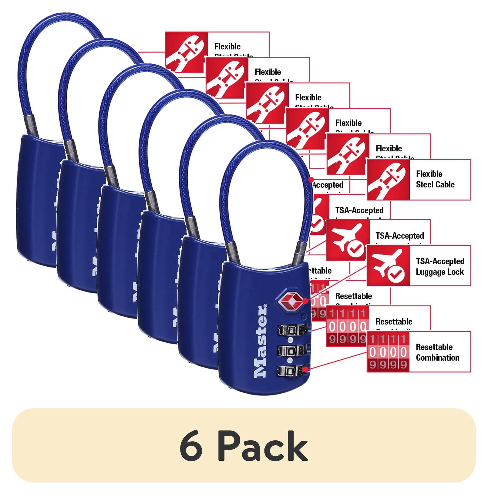 (6 pack) Master Lock TSA Approved 3 Dial Resettable Combination Luggage Lock, Color Variety